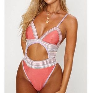 PrettyLittleThing Coral and Lilac Cutout One-Piece Swimsuit